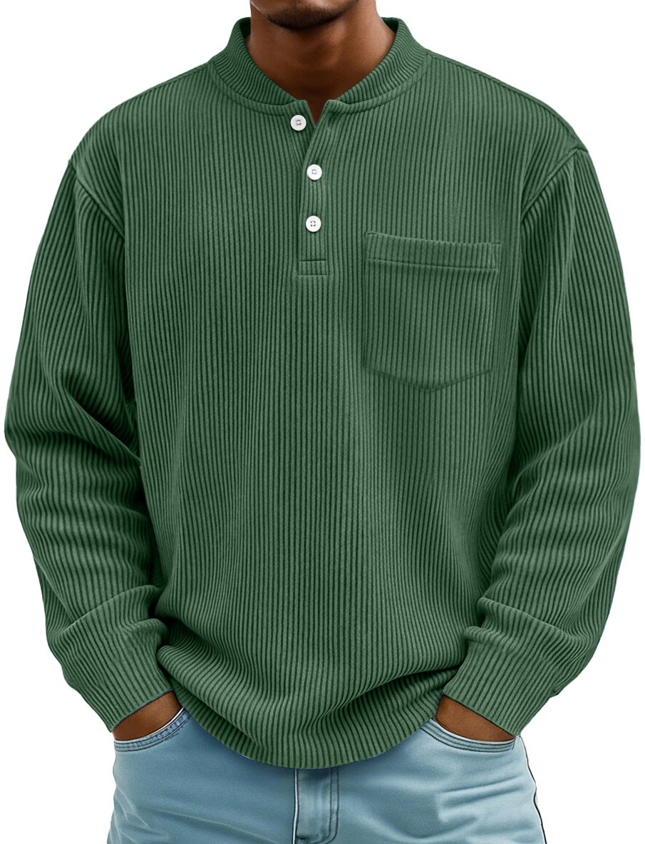 Herrenmode Ridge Stehkragen Knopf Freizeit Taschen Henley Shirt-deurabatt