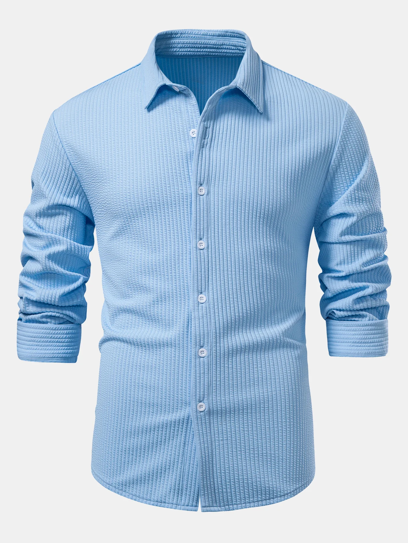 Herren Langarm Muskel-Fit Ripp-Button-Up Gestreiftes Hemd-deurabatt
