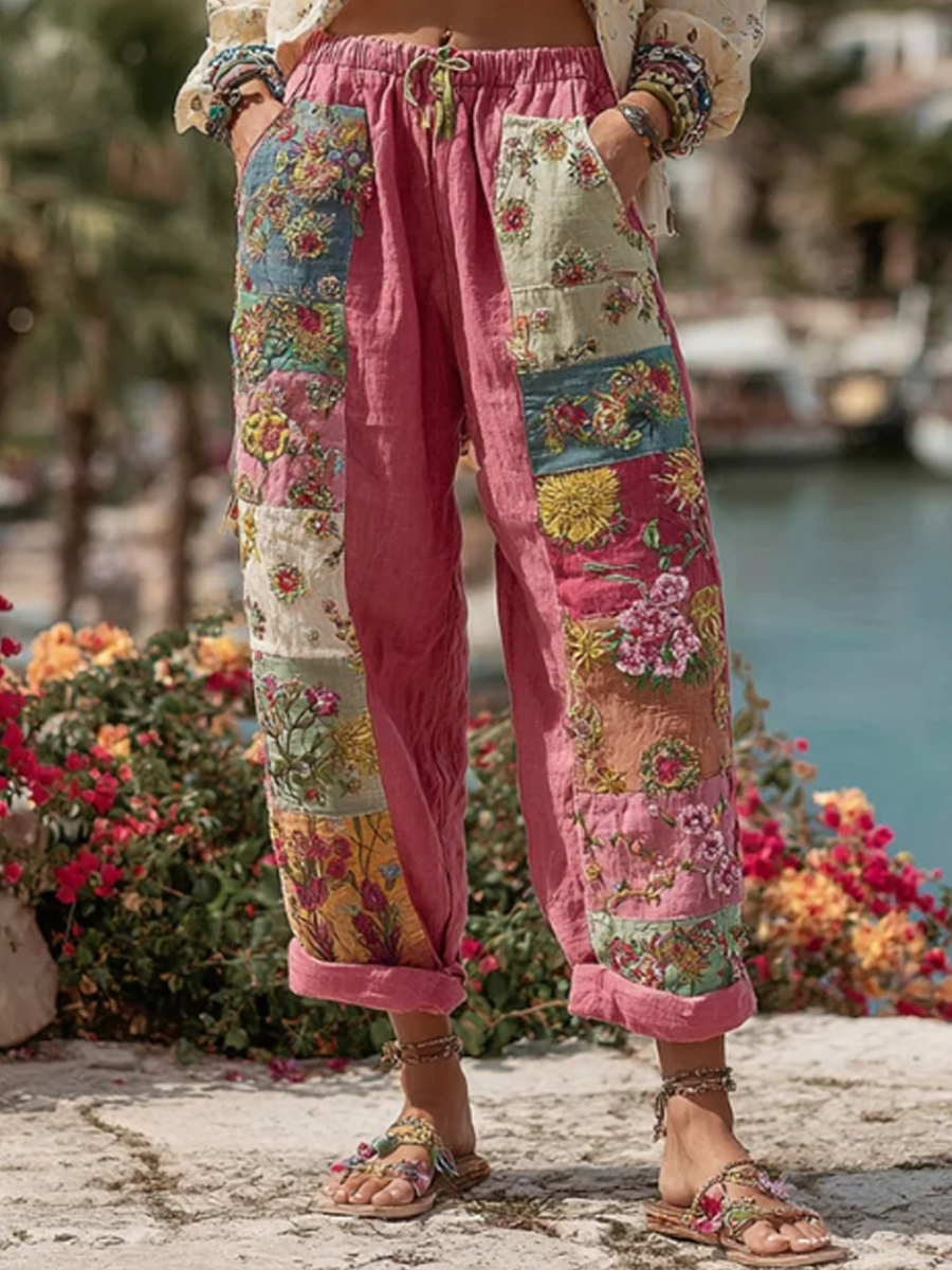 Damenhose im Boho-Stil mit floraler Stickerei, Kontrastfarben und Leinenanteil, lässig-Mode & Komfort