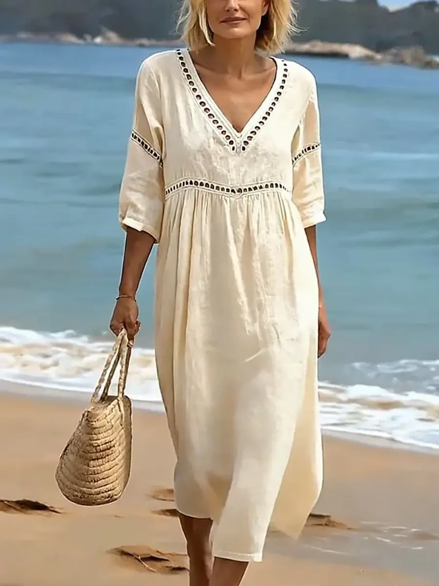 Damen-Baumwollkleid, einfarbig, Retro-Stil, lässig, elegant, für den Urlaub