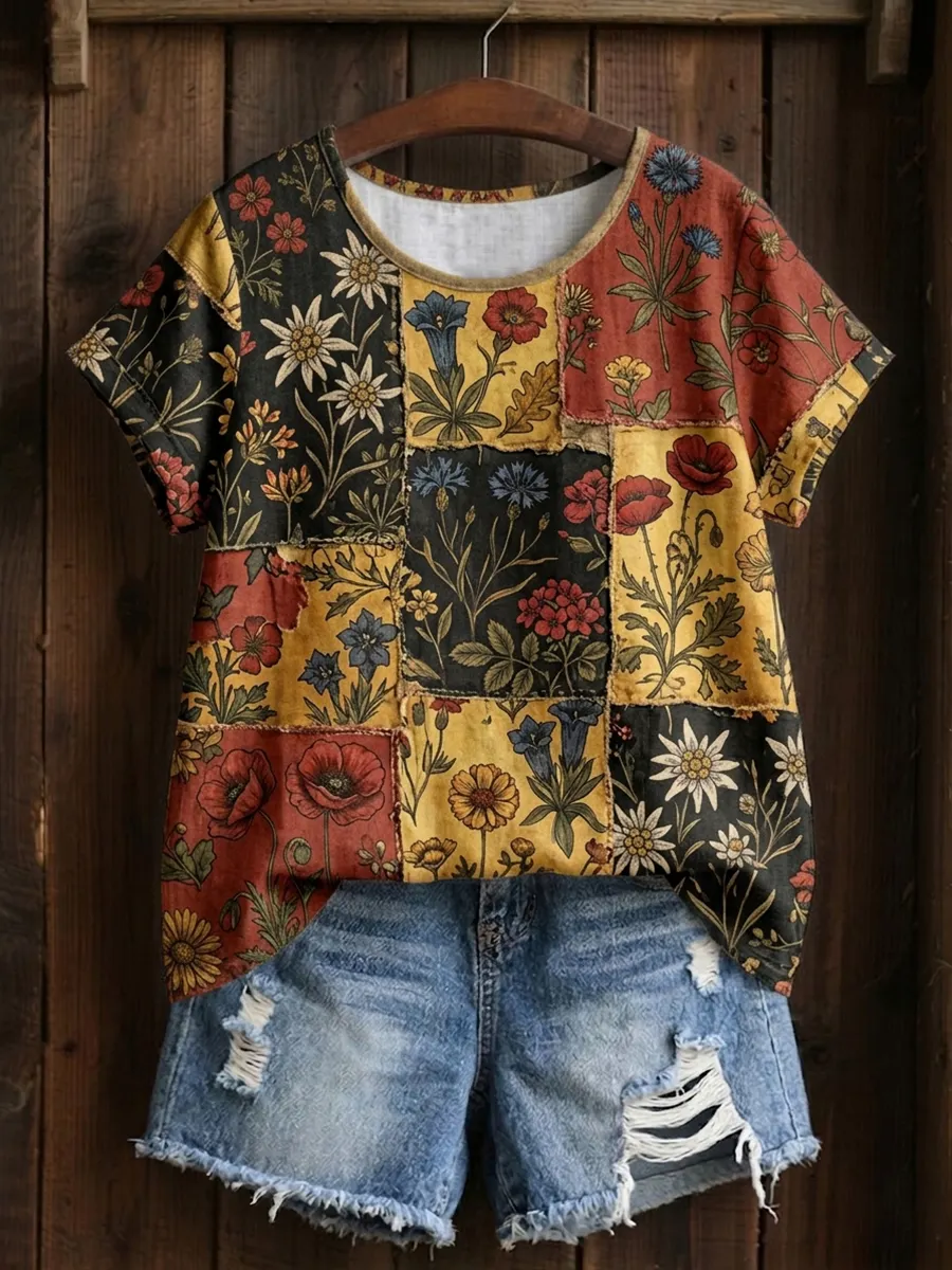 Damen-Floral-Leinen-T-Shirt mit kurzen Ärmeln-Mode & Komfort