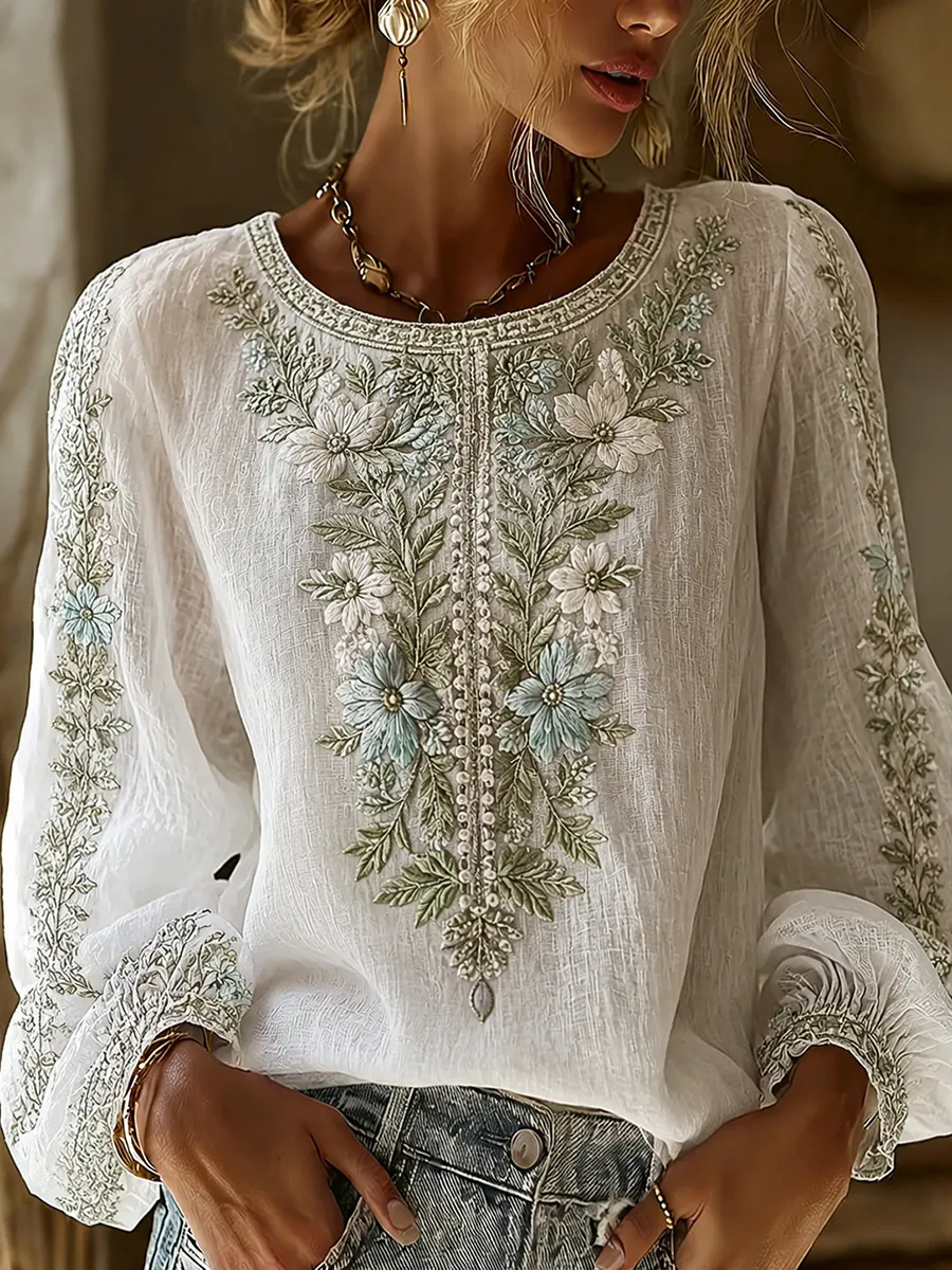 Damen-Top im Vintage-Stil mit floraler Kunstprint-Optik, aus Baumwolle und Leinen, lässig-Mode & Komfort