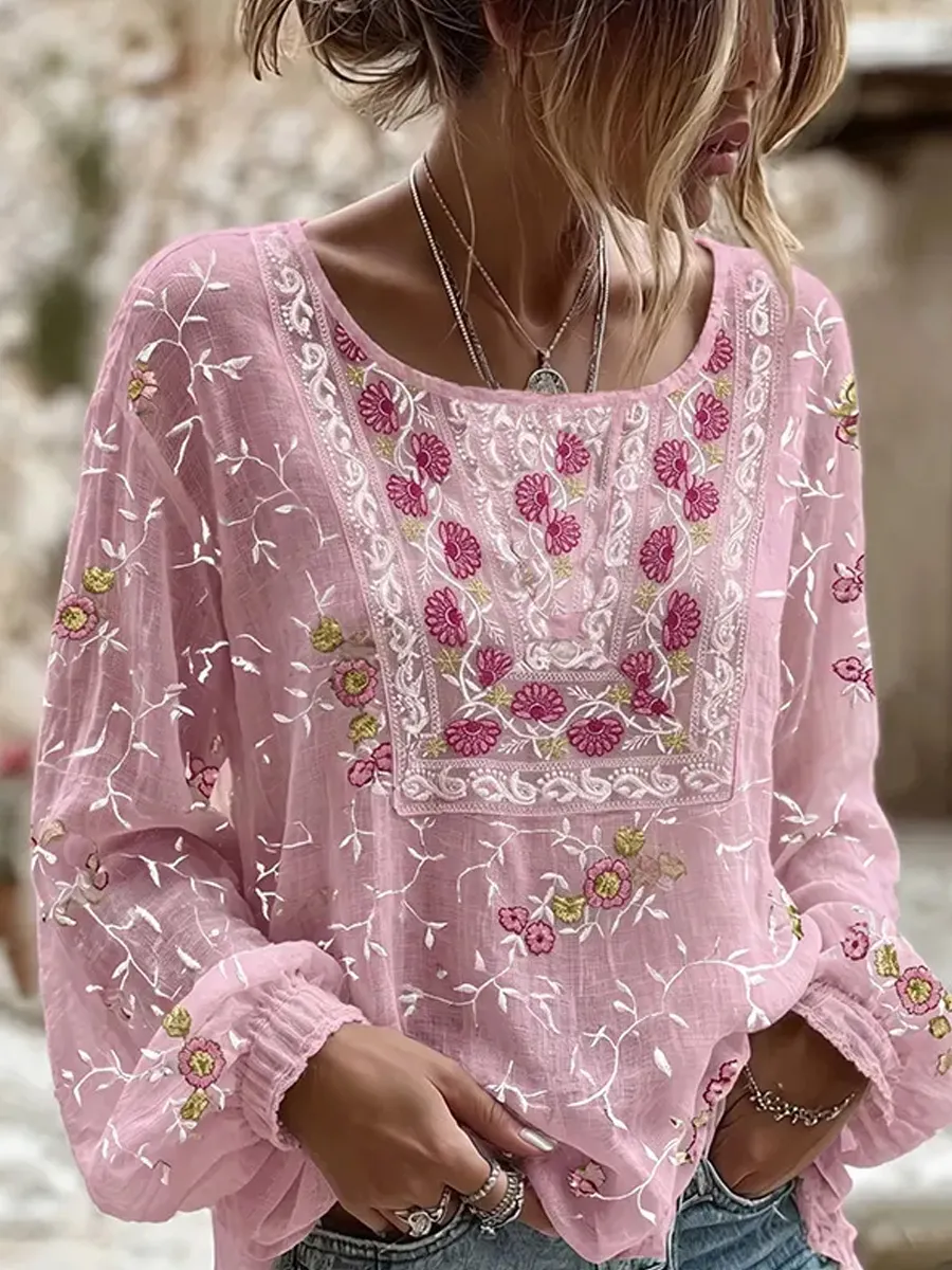 Damen-Top im Vintage-Stil mit floraler Kunstprint-Optik, aus Baumwolle und Leinen, lässig-Mode & Komfort