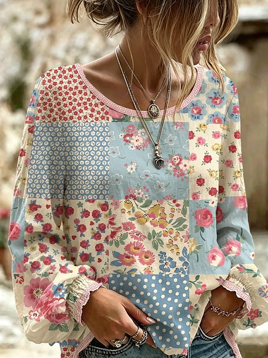Retro Blumenkunstdruck Lässiges Baumwoll-Leinen-Top-Mode & Komfort