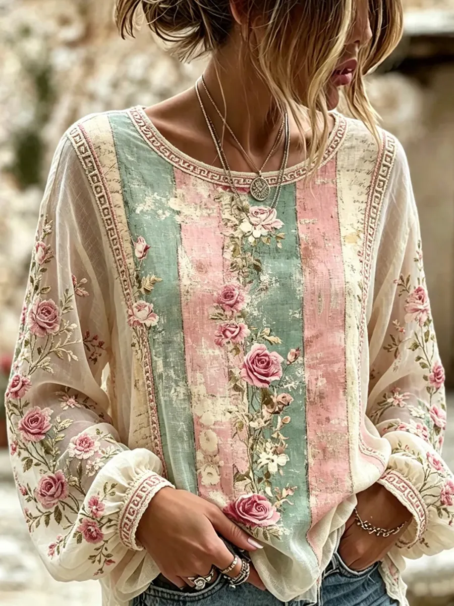 Retro-Blumen-Kunstdruck Lässiges Baumwoll-Leinen-Top-Mode & Komfort
