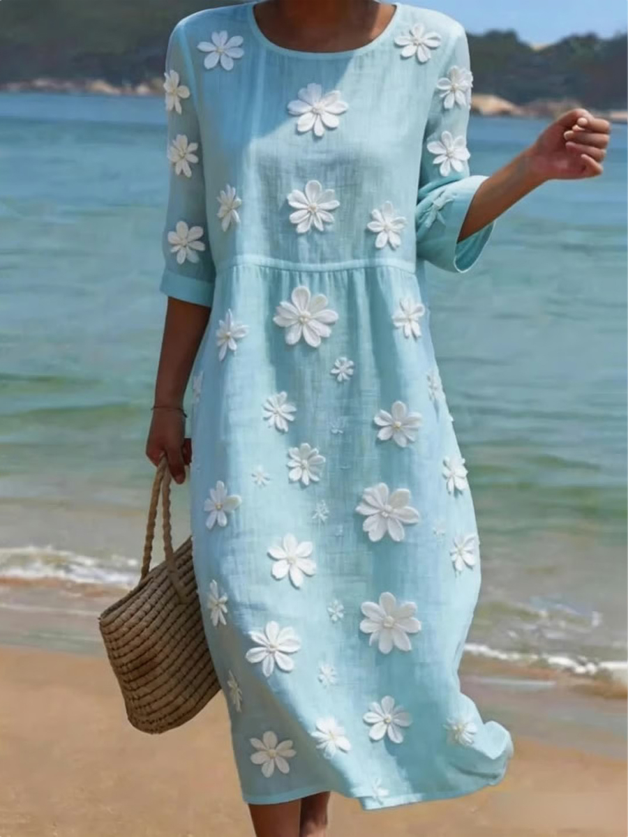 Damenkleid aus Leinenmischgewebe mit Blumenmuster-Mode & Komfort