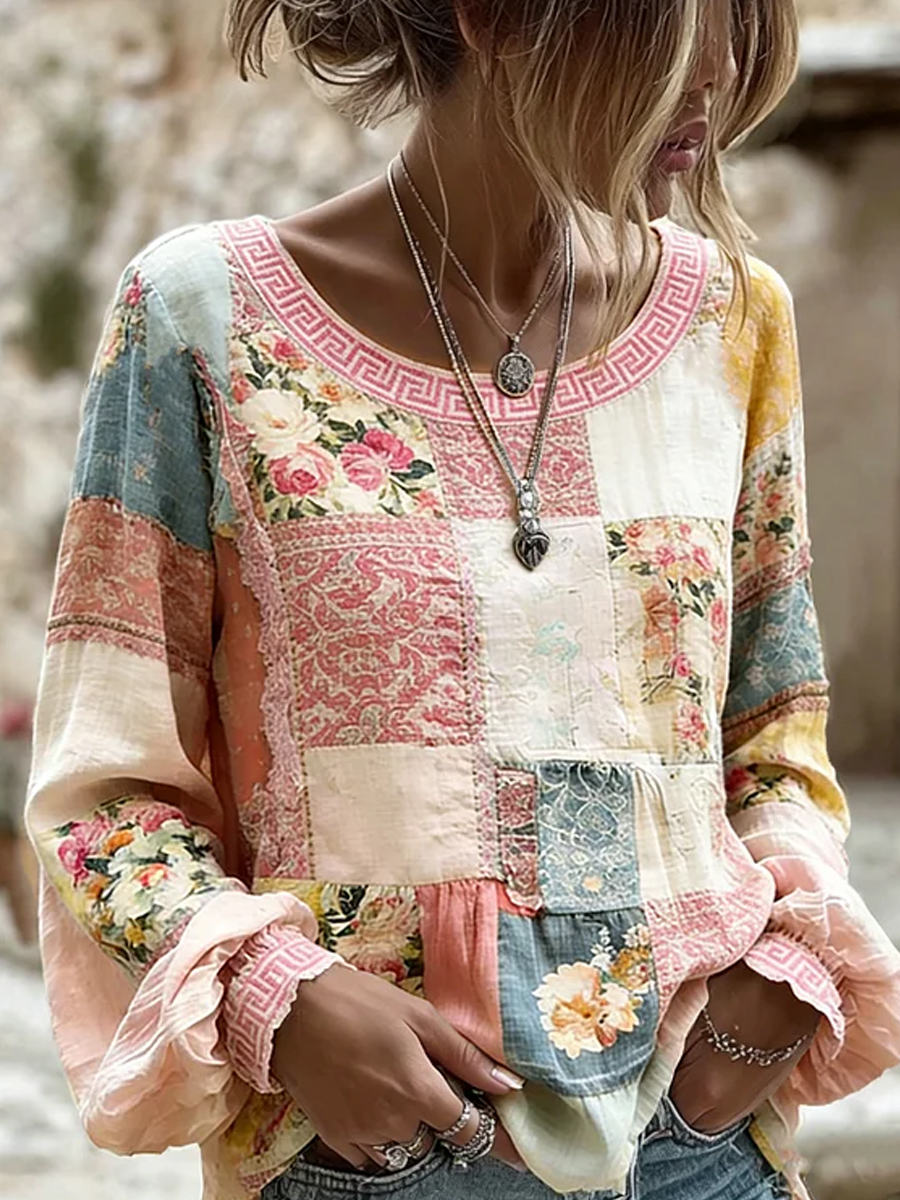 Damen-Top im Vintage-Stil mit floraler Kunstprint-Optik, aus Baumwolle und Leinen, lässig-Mode & Komfort
