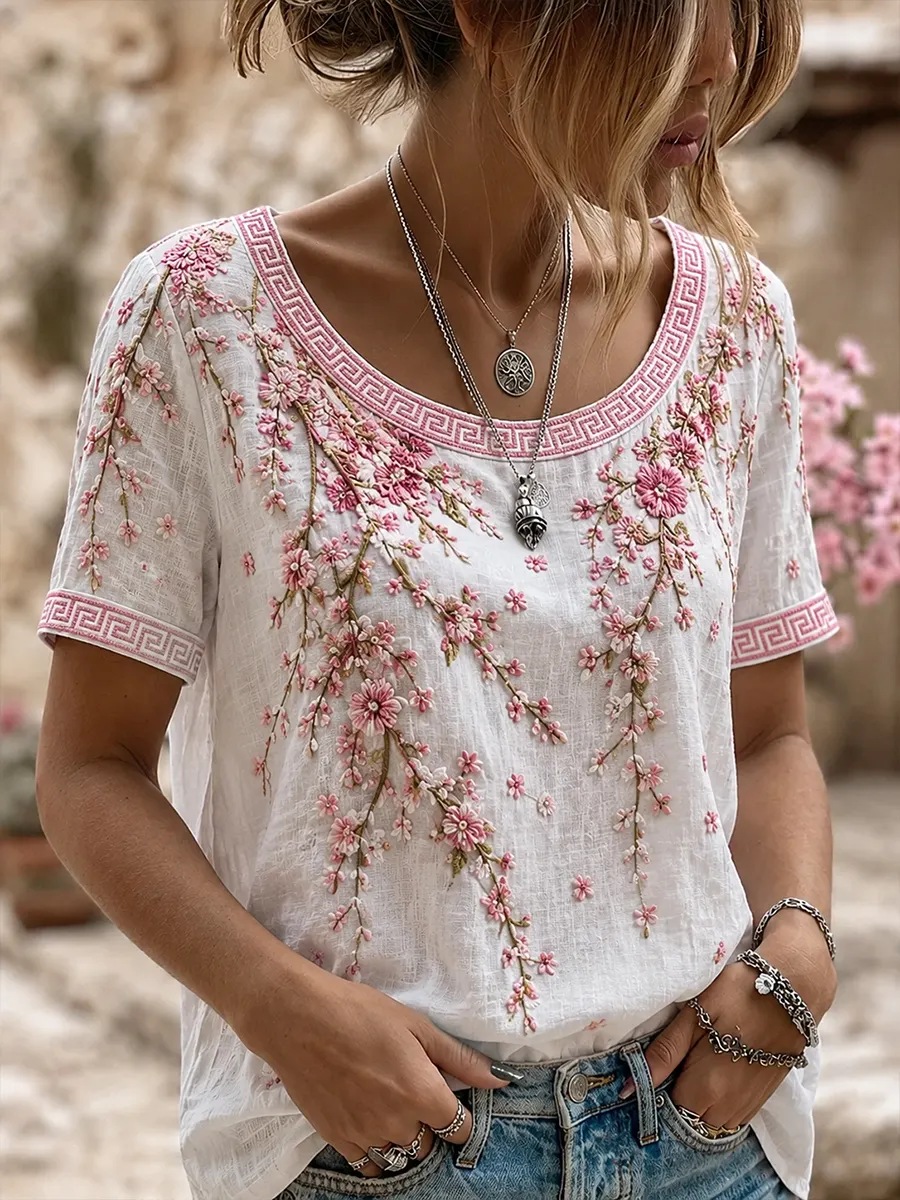 Damen-Top im Vintage-Stil mit floraler Kunstprint-Optik, aus Baumwolle und Leinen, lässig-Mode & Komfort