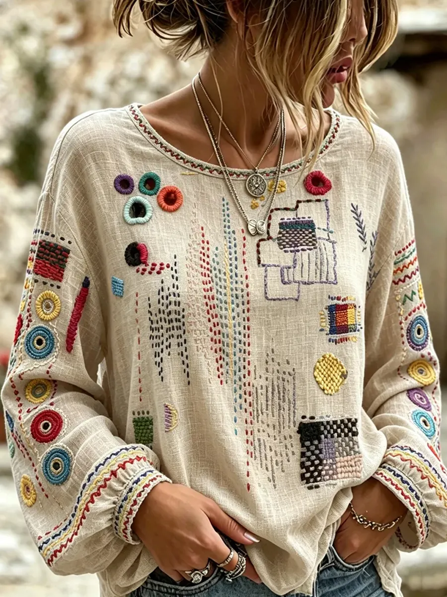 Damen-Top im Vintage-Stil mit floraler Kunstprint-Optik, aus Baumwolle und Leinen, lässig-Mode & Komfort