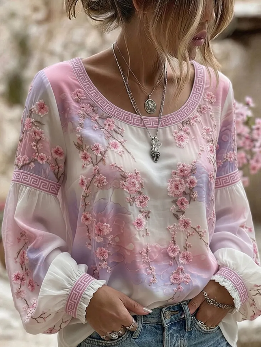 Damen-Top im Vintage-Stil mit floraler Kunstprint-Optik, aus Baumwolle und Leinen, lässig-Mode & Komfort