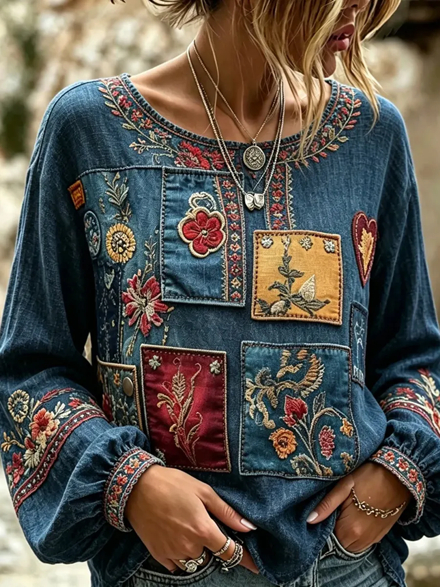 Damen-Top im Vintage-Stil mit floraler Kunstprint-Optik, aus Baumwolle und Leinen, lässig-Mode & Komfort