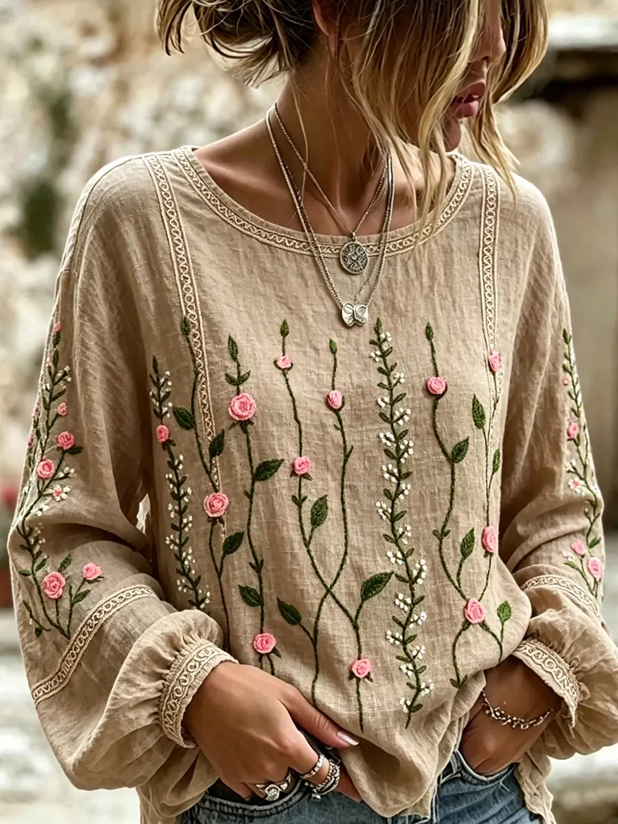 Damen-Top im Vintage-Stil mit floraler Kunstprint-Optik, aus Baumwolle und Leinen, lässig-Mode & Komfort
