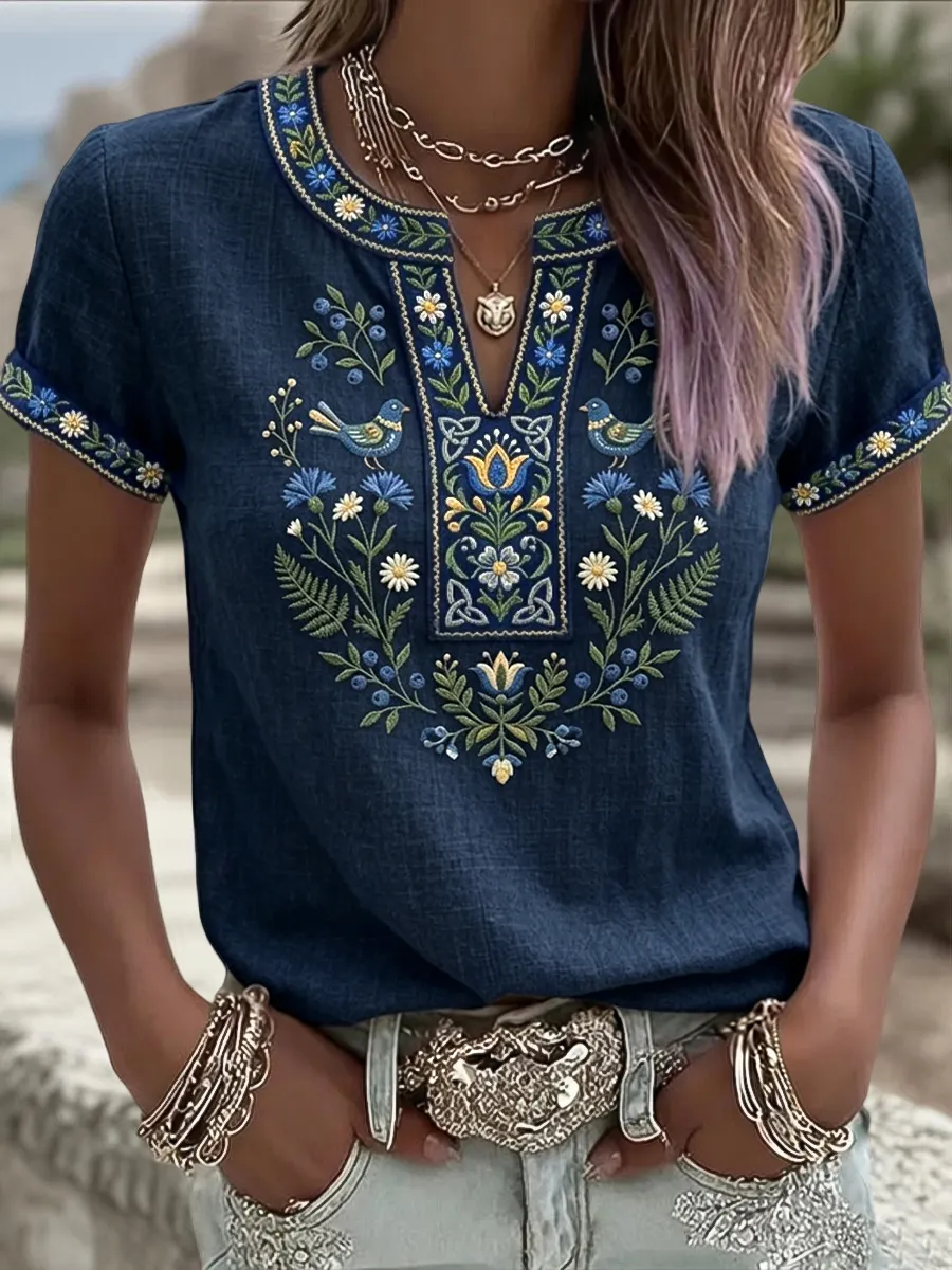 Frauen Retro Kunst Schwedisch Mittsommer Ethnische Blumen V-Ausschnitt T-Shirt-Mode & Komfort
