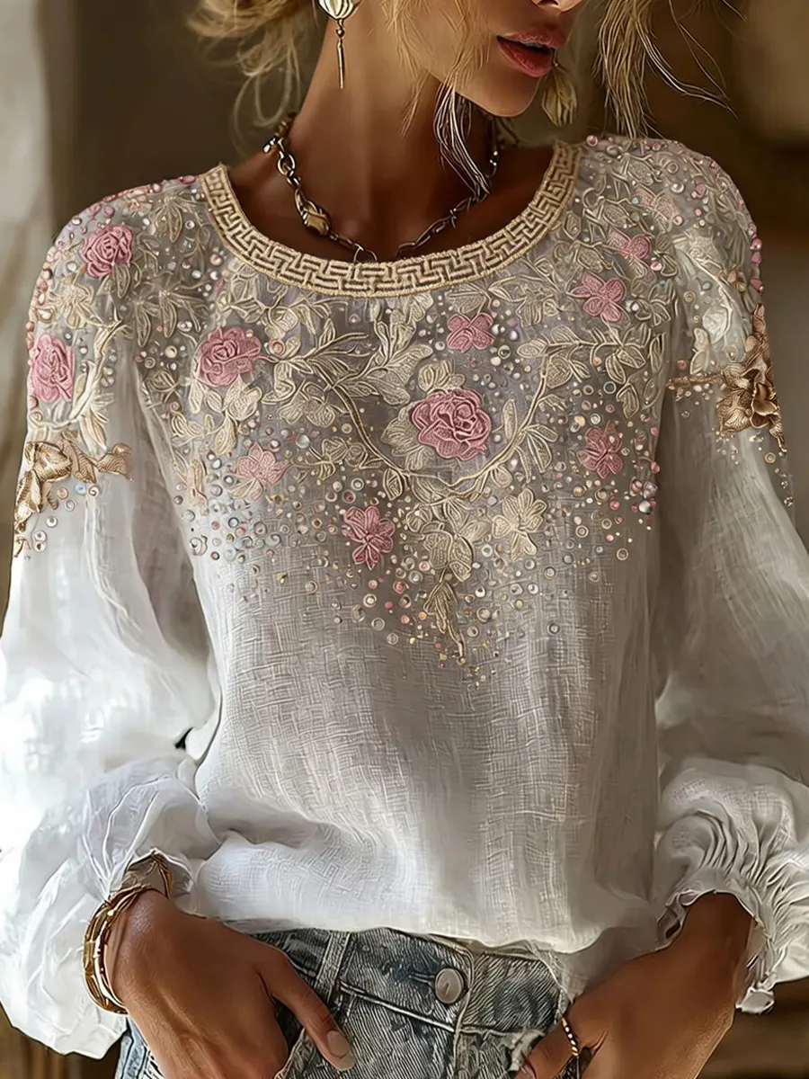 Damen-Top im Vintage-Stil mit floraler Kunstprint-Optik, aus Baumwolle und Leinen, lässig-Mode & Komfort