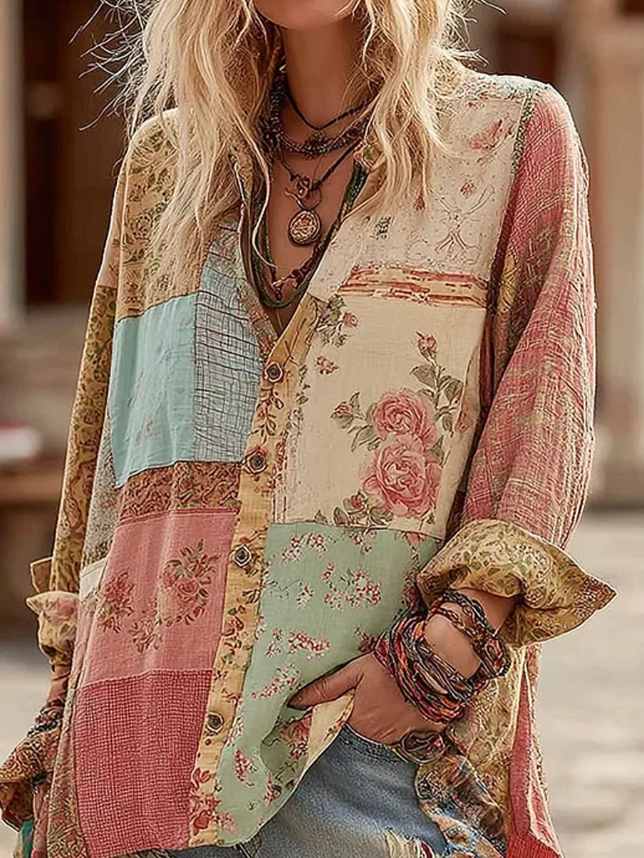Damen-Vintage-Shirt mit floraler Kunstprint-Optik, lässig, aus Baumwolle und Leinen-Mode & Komfort
