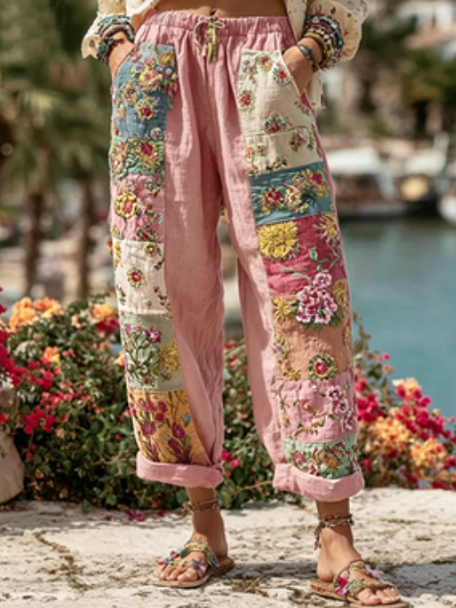 Damenhose im Boho-Stil mit floraler Stickerei, Kontrastfarben und Leinenanteil, lässig-Mode & Komfort