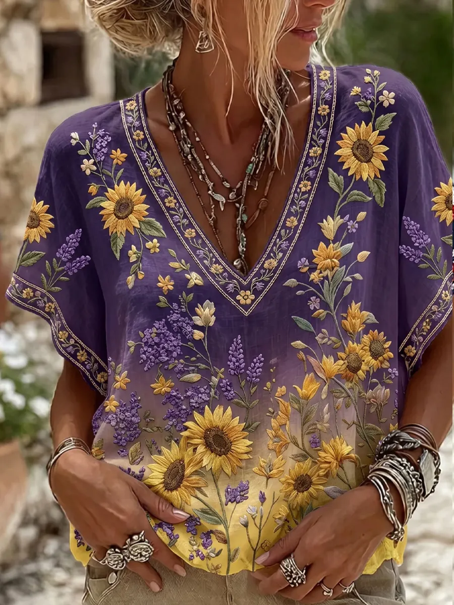 Damen-Top im Vintage-Stil mit floraler Kunstprint-Optik, aus Baumwolle und Leinen, lässig-Mode & Komfort