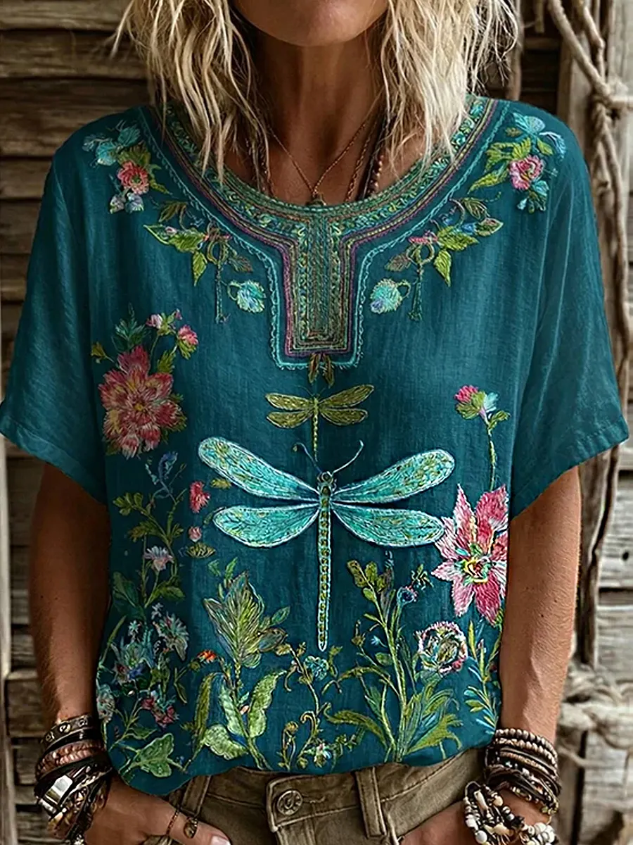 Damen-Top im Vintage-Stil mit floraler Kunstprint-Optik, aus Baumwolle und Leinen, lässig-Mode & Komfort