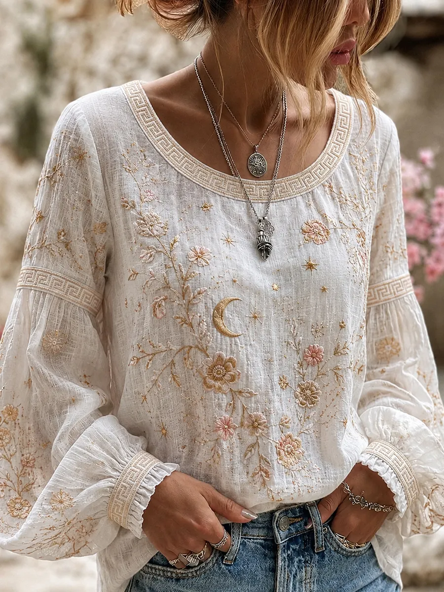 Damen-Top aus Baumwolle-Leinen im Vintage-Stil mit floraler Kunstprint-Optik-Mode & Komfort