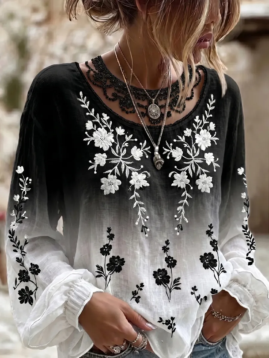 Damen-Top im Vintage-Stil mit floraler Kunstprint-Optik, aus Baumwolle und Leinen, lässig-Mode & Komfort