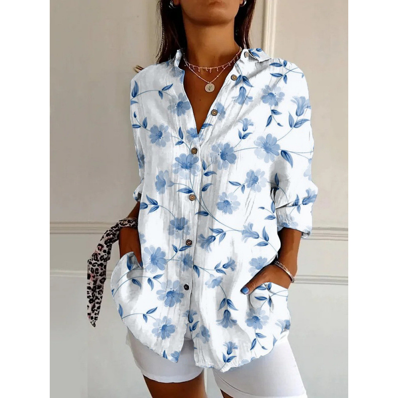 Damen Leinenmischung Bluse mit Blumenprint, Lockeres Langarm-Knopfhemd mit Taschen