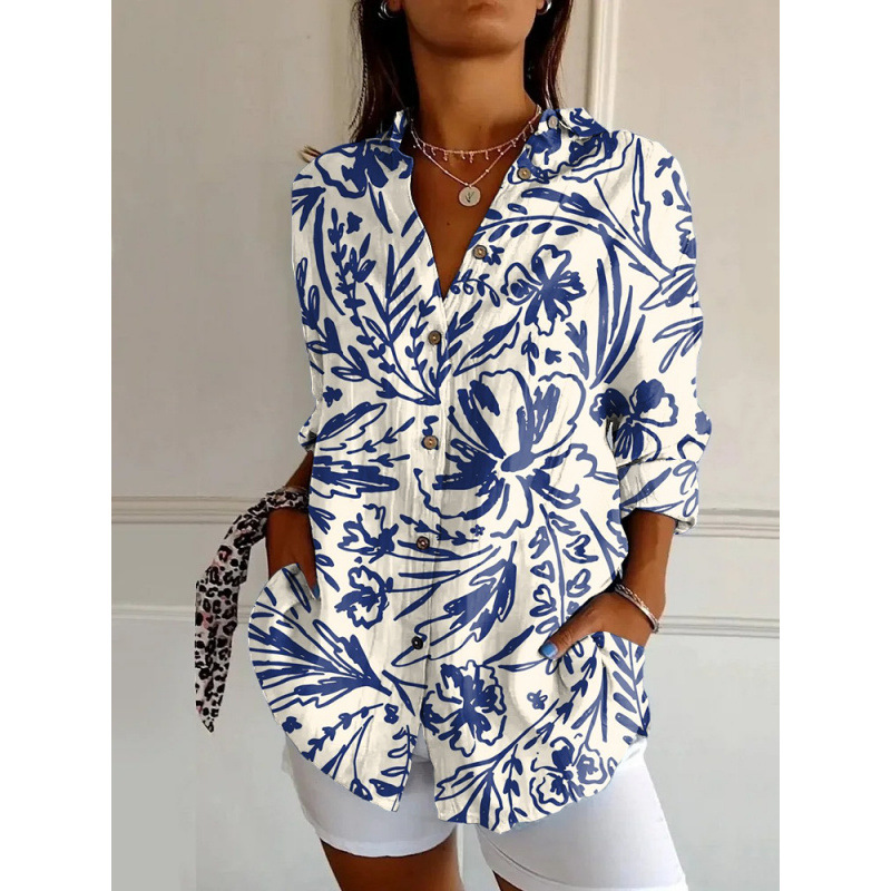 Damen Leinenmischung Bluse mit Blumenprint, Lockeres Langarm-Knopfhemd mit Taschen
