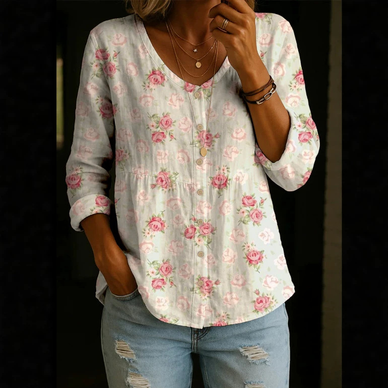 Bedrucktes Damen-Bluse mit V-Ausschnitt, lässige Bluse mit Knopfleiste