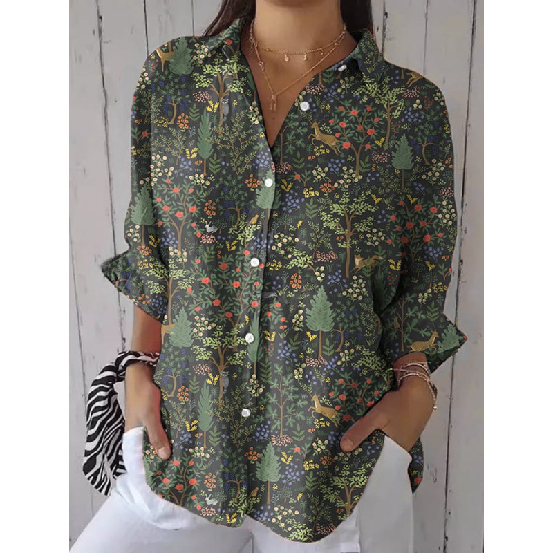 Damen Leinenmischung Bluse mit Blumenprint, Lockeres Langarm-Knopfhemd mit Taschen