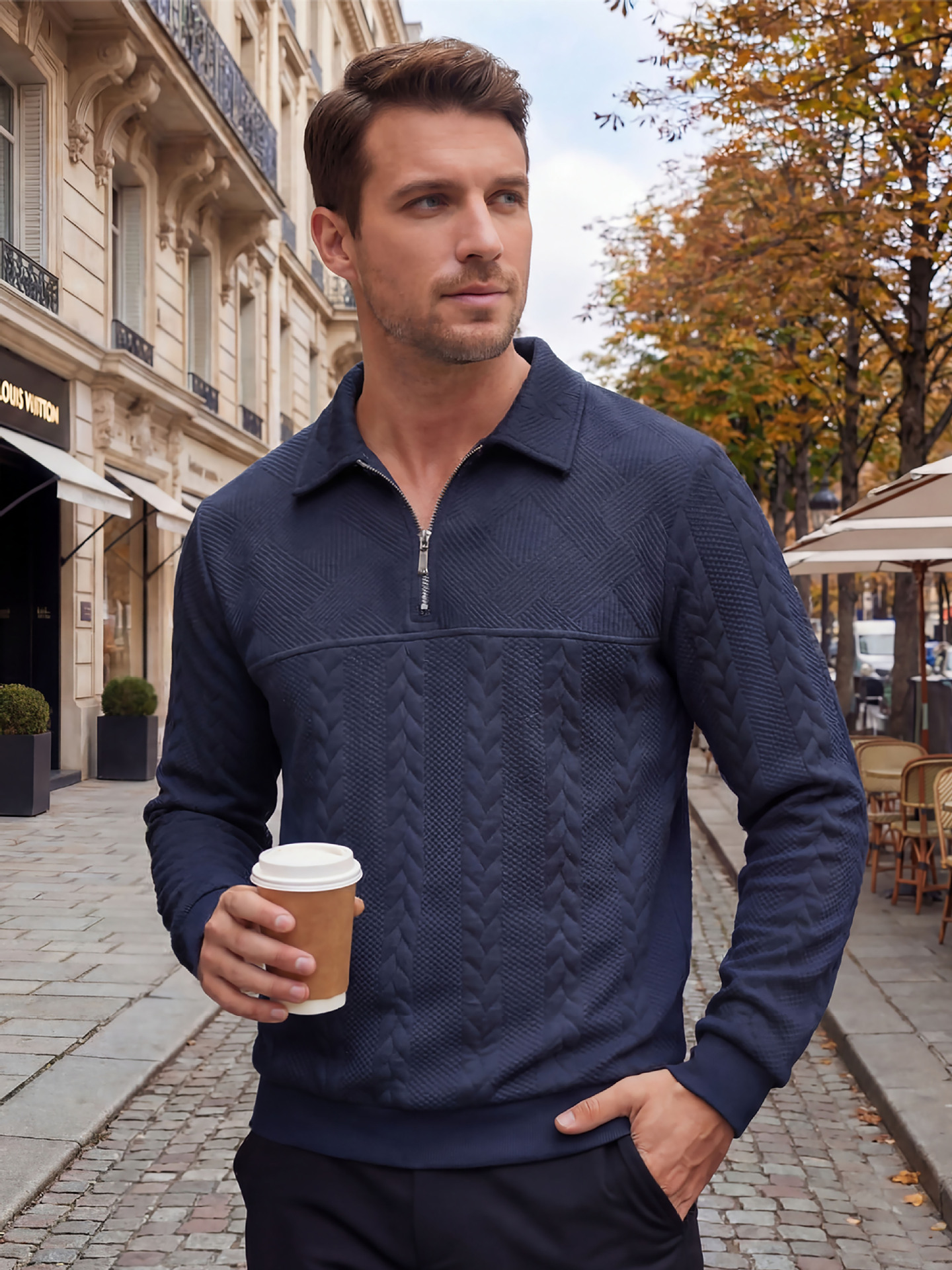 Herren Freizeit Bequeme Jacquard Umlegekragen Viertel Reißverschluss Langarm Sweatshirt-deurabatt
