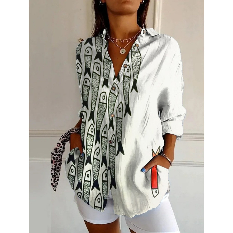 Damen Leinenmischung Bluse mit Blumenprint, Lockeres Langarm-Knopfhemd mit Taschen