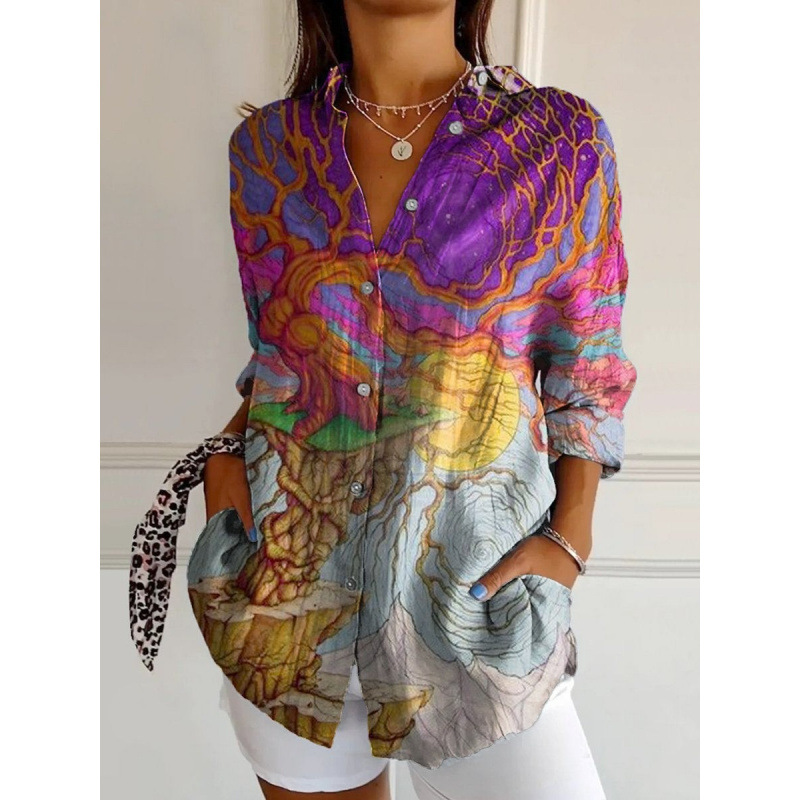 Damen Leinenmischung Bluse mit Blumenprint, Lockeres Langarm-Knopfhemd mit Taschen