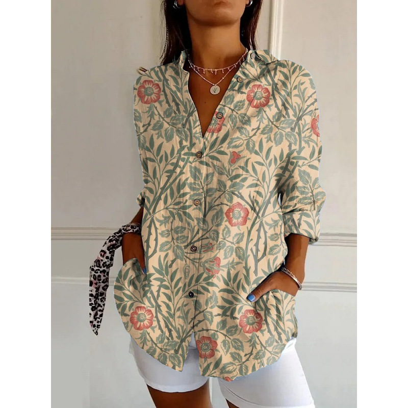 Damen Leinenmischung Bluse mit Blumenprint, Lockeres Langarm-Knopfhemd mit Taschen