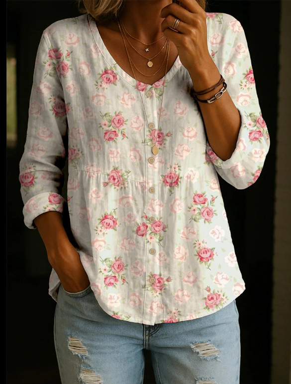 Bedrucktes Damen-Bluse mit V-Ausschnitt, lässige Bluse mit Knopfleiste