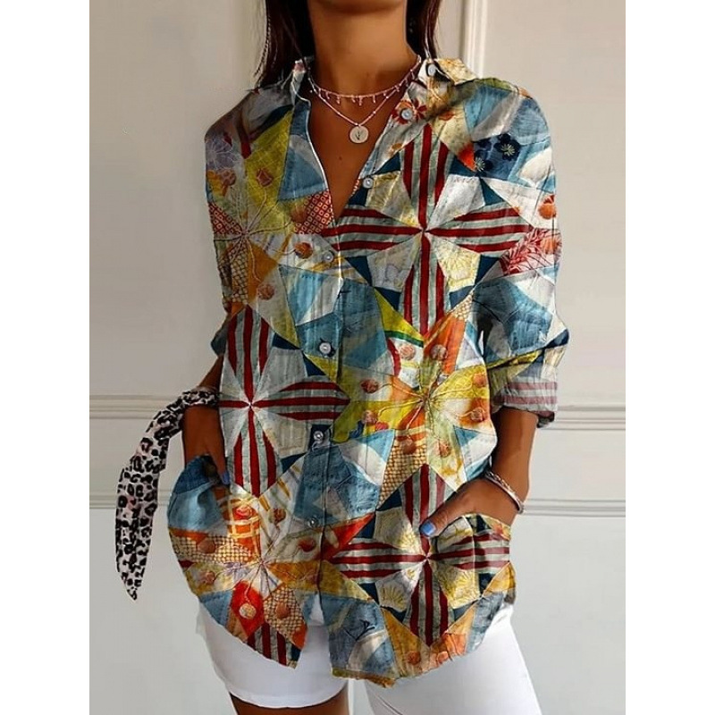 Damen Leinenmischung Bluse mit Blumenprint, Lockeres Langarm-Knopfhemd mit Taschen