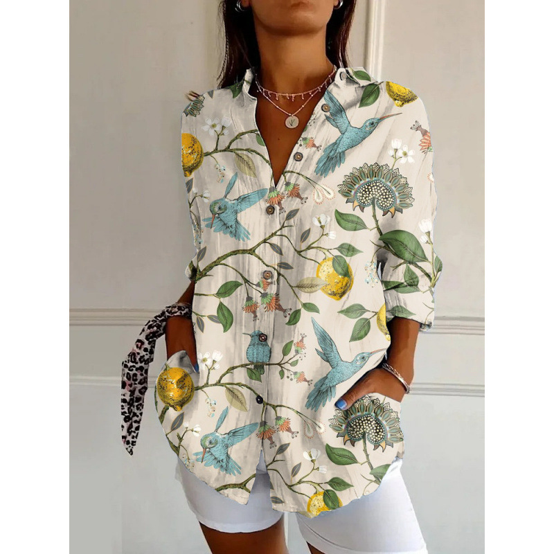 Damen Leinenmischung Bluse mit Blumenprint, Lockeres Langarm-Knopfhemd mit Taschen