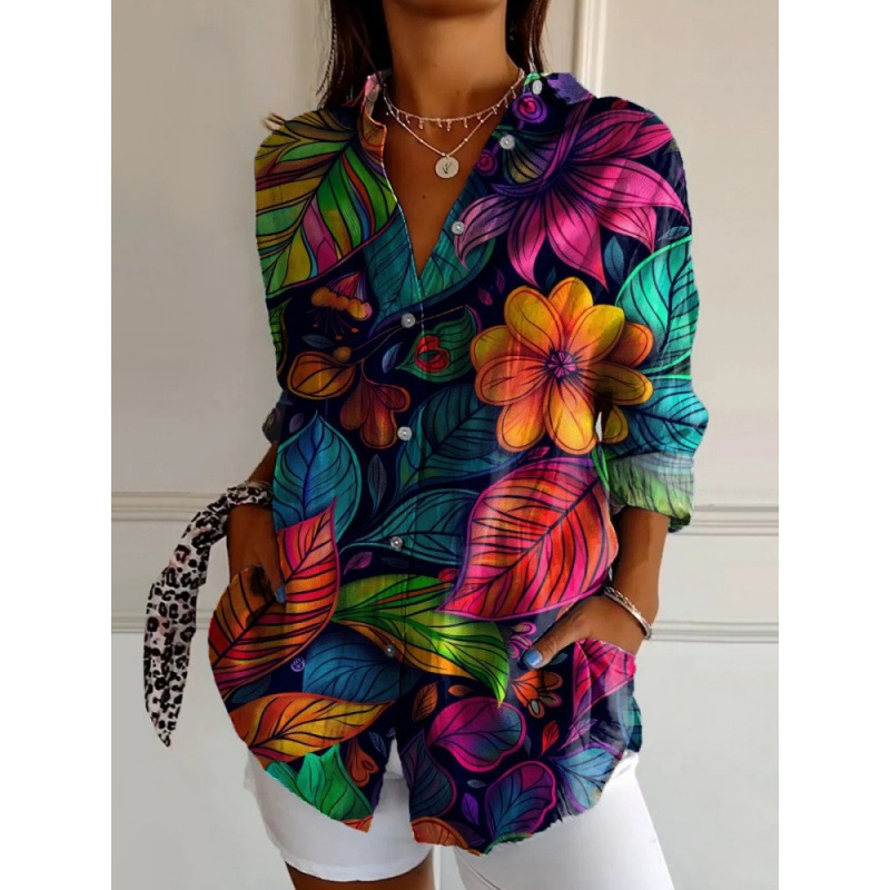 Damen Leinenmischung Bluse mit Blumenprint, Lockeres Langarm-Knopfhemd mit Taschen