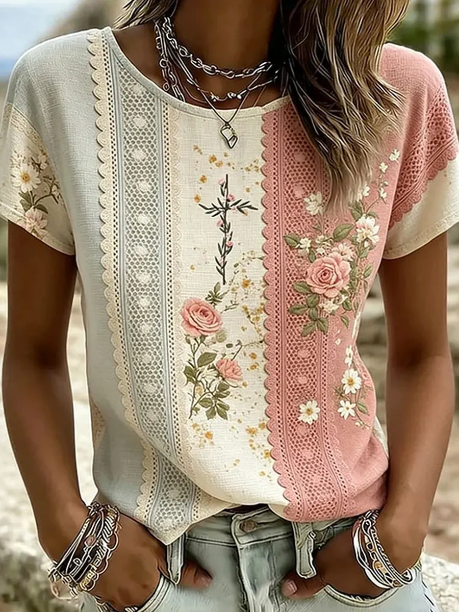 Retro-Blumen-Kunstdruck Lässiges Baumwoll-Leinen-T-Shirt-Mode & Komfort