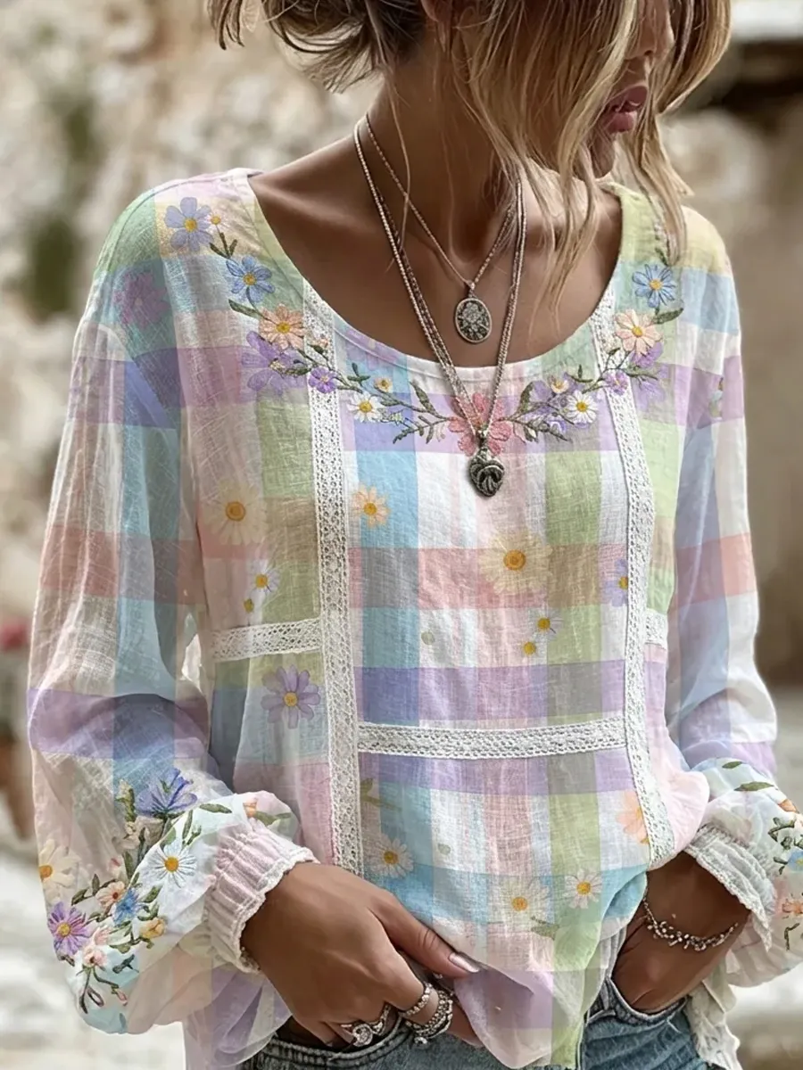 Damen-Top im Vintage-Stil mit floraler Kunstprint-Optik, aus Baumwolle und Leinen, lässig-Mode & Komfort