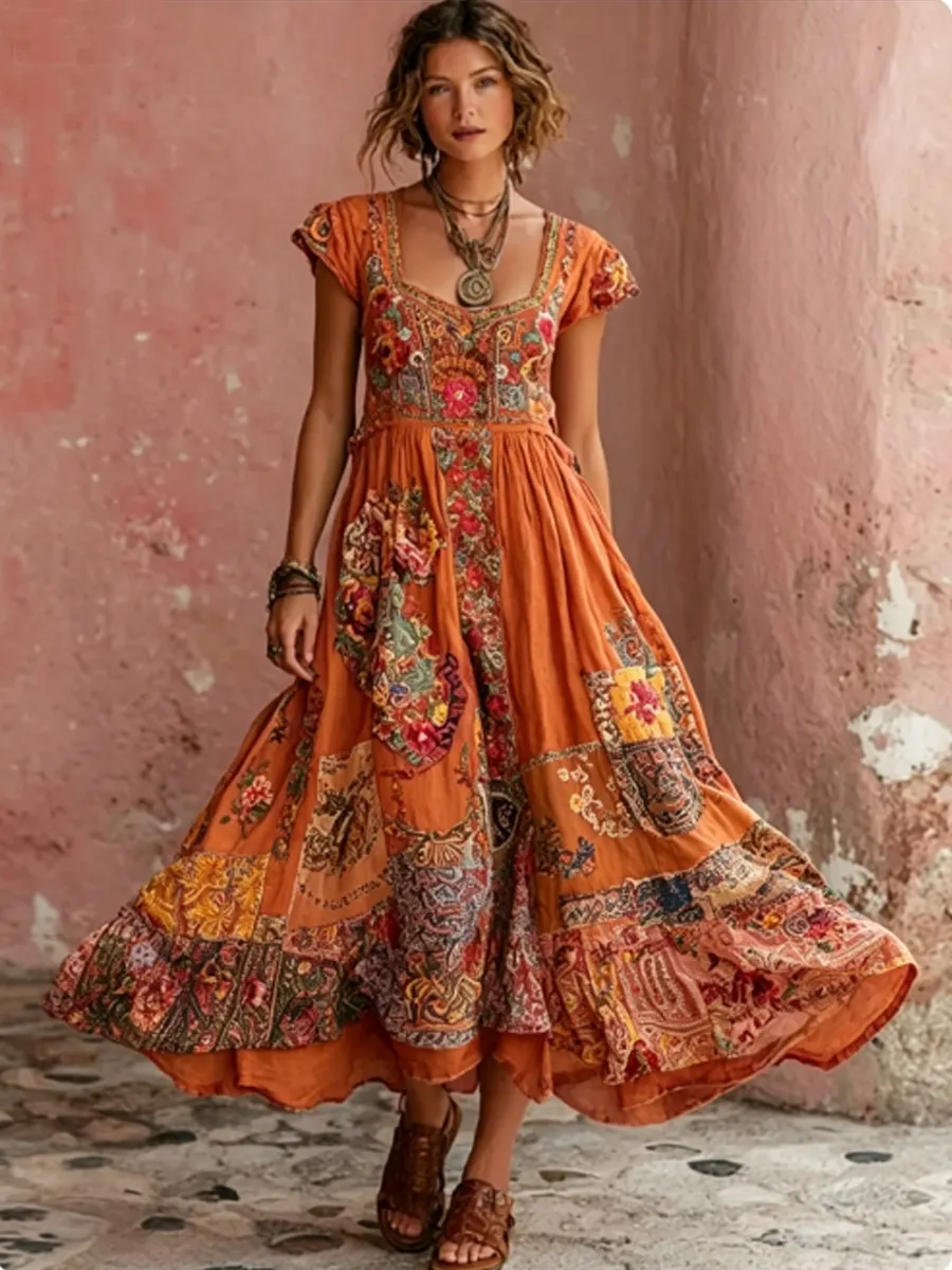 Damen-Boho-Floralstickerei Kunst Rundhalsausschnitt Kurzarm Midi-Kleid-Mode & Komfort