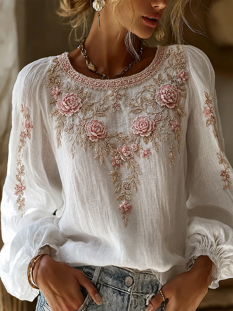 Damen-Top im Vintage-Stil mit floraler Kunstprint-Optik, aus Baumwolle und Leinen, lässig-Mode & Komfort