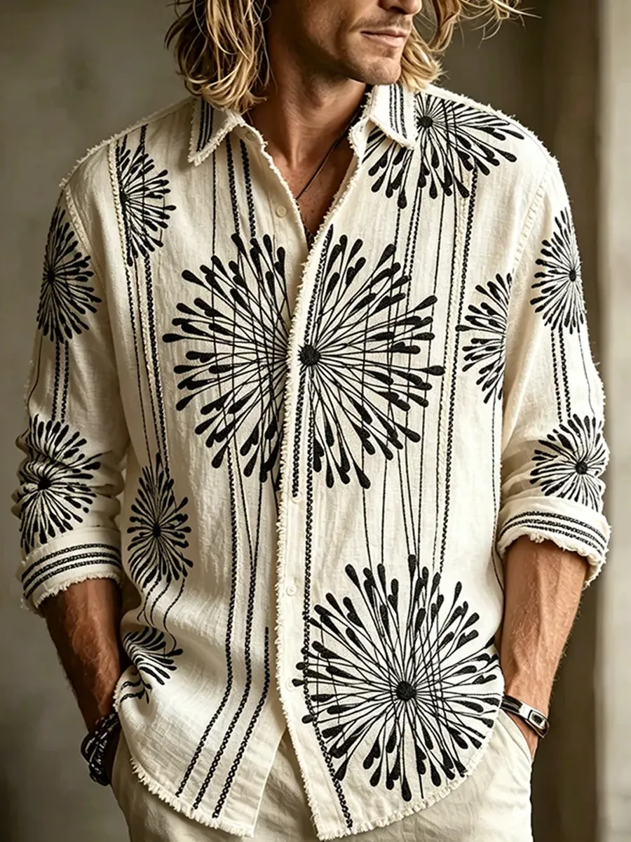 Herren-Retro-Shirt mit abstraktem Kunstprint, lässig, aus Baumwolle-Leinen-Mischgewebe-Mode & Komfort