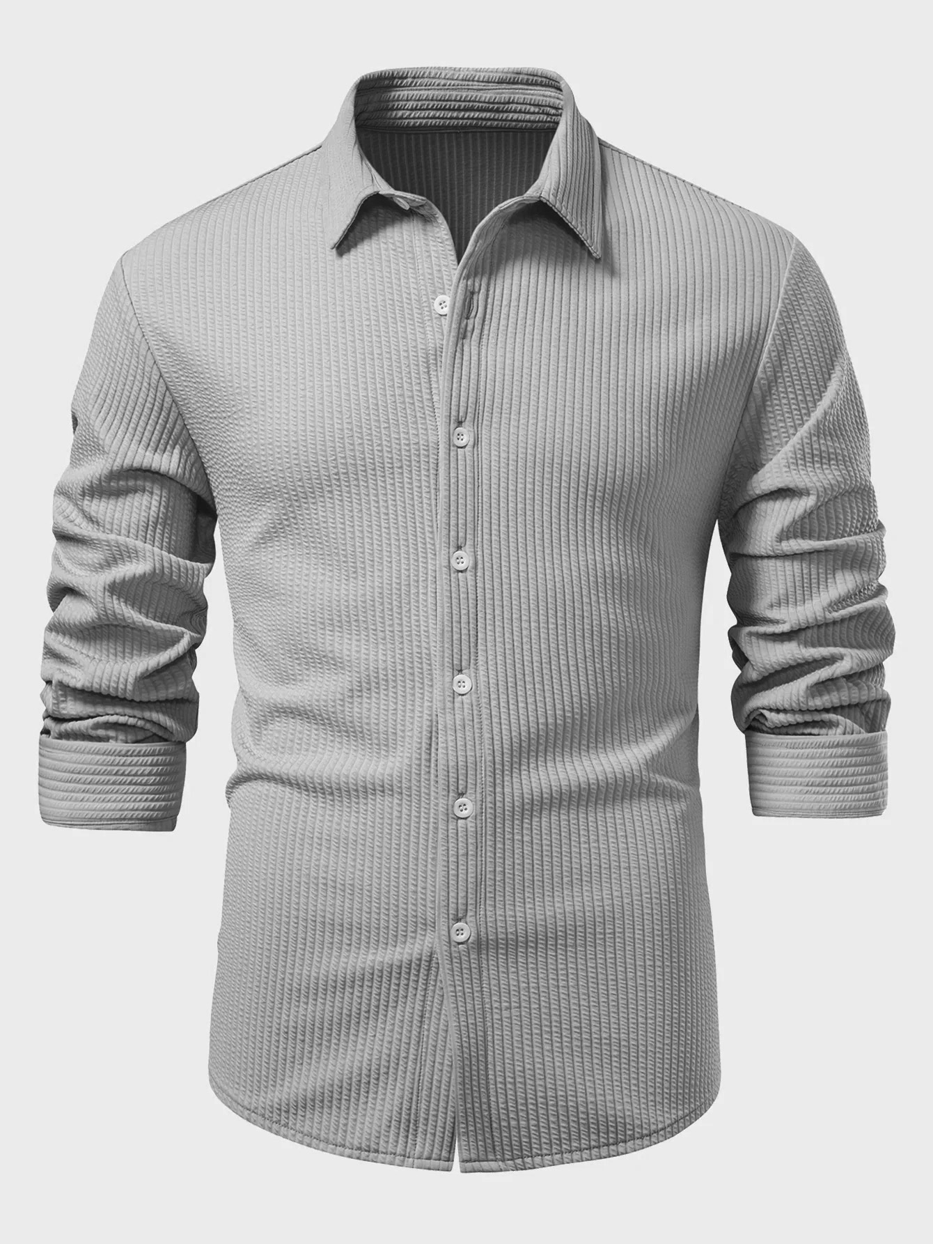 Herren Langarm Muskel-Fit Ripp-Button-Up Gestreiftes Hemd-deurabatt