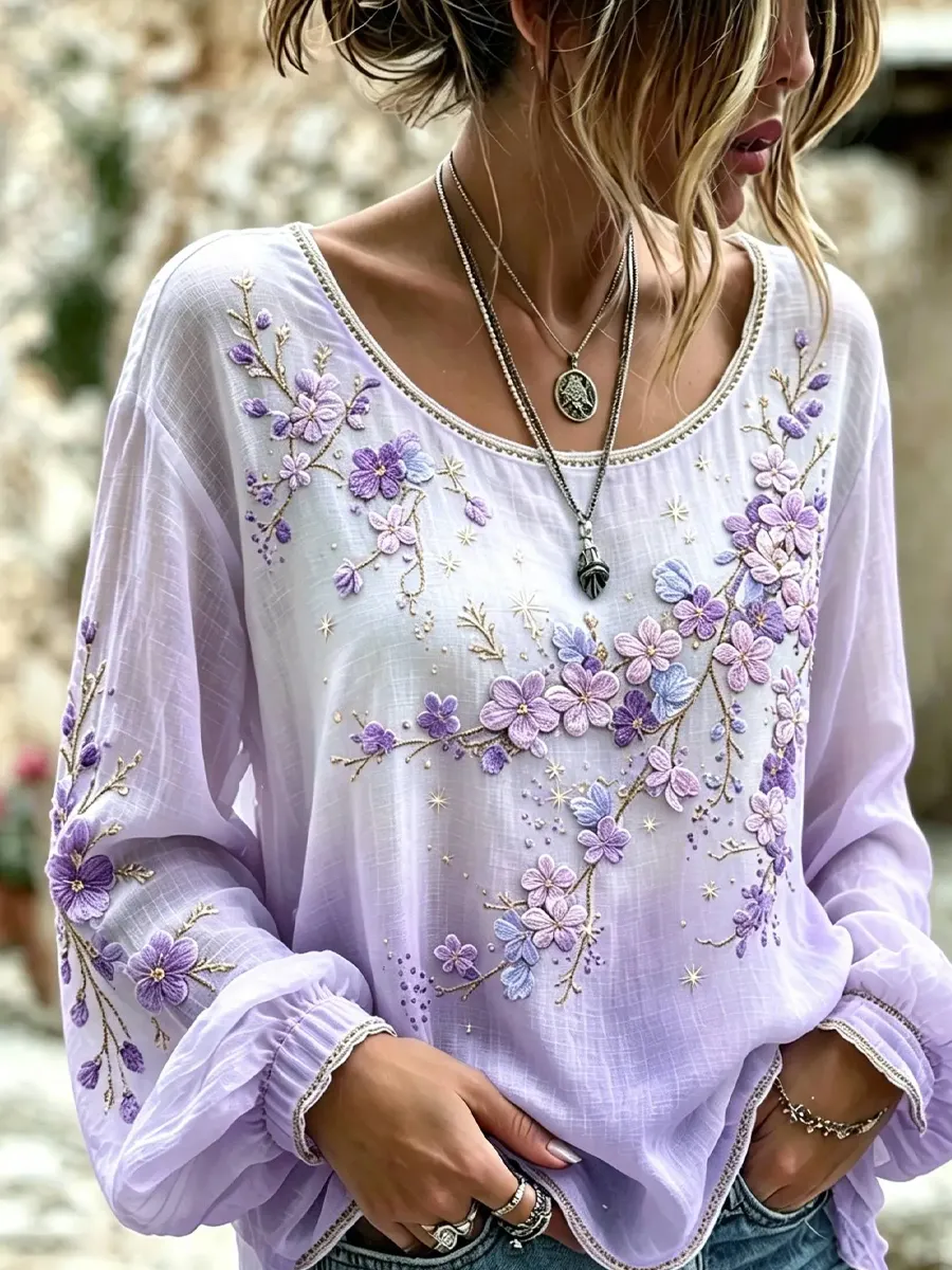 Damen-Top im Vintage-Stil mit floraler Kunstprint-Optik, aus Baumwolle und Leinen, lässig-Mode & Komfort