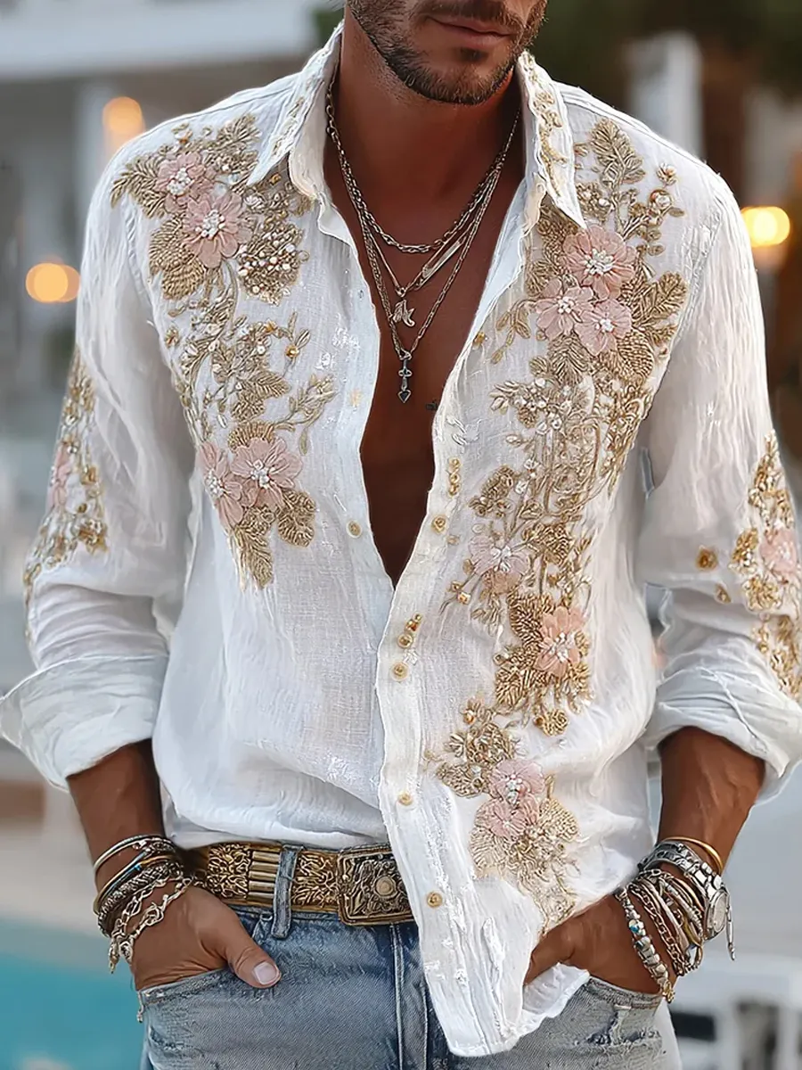 Herren-Retro-Shirt mit abstraktem Kunstprint, lässig, aus Baumwolle-Leinen-Mischgewebe-Mode & Komfort