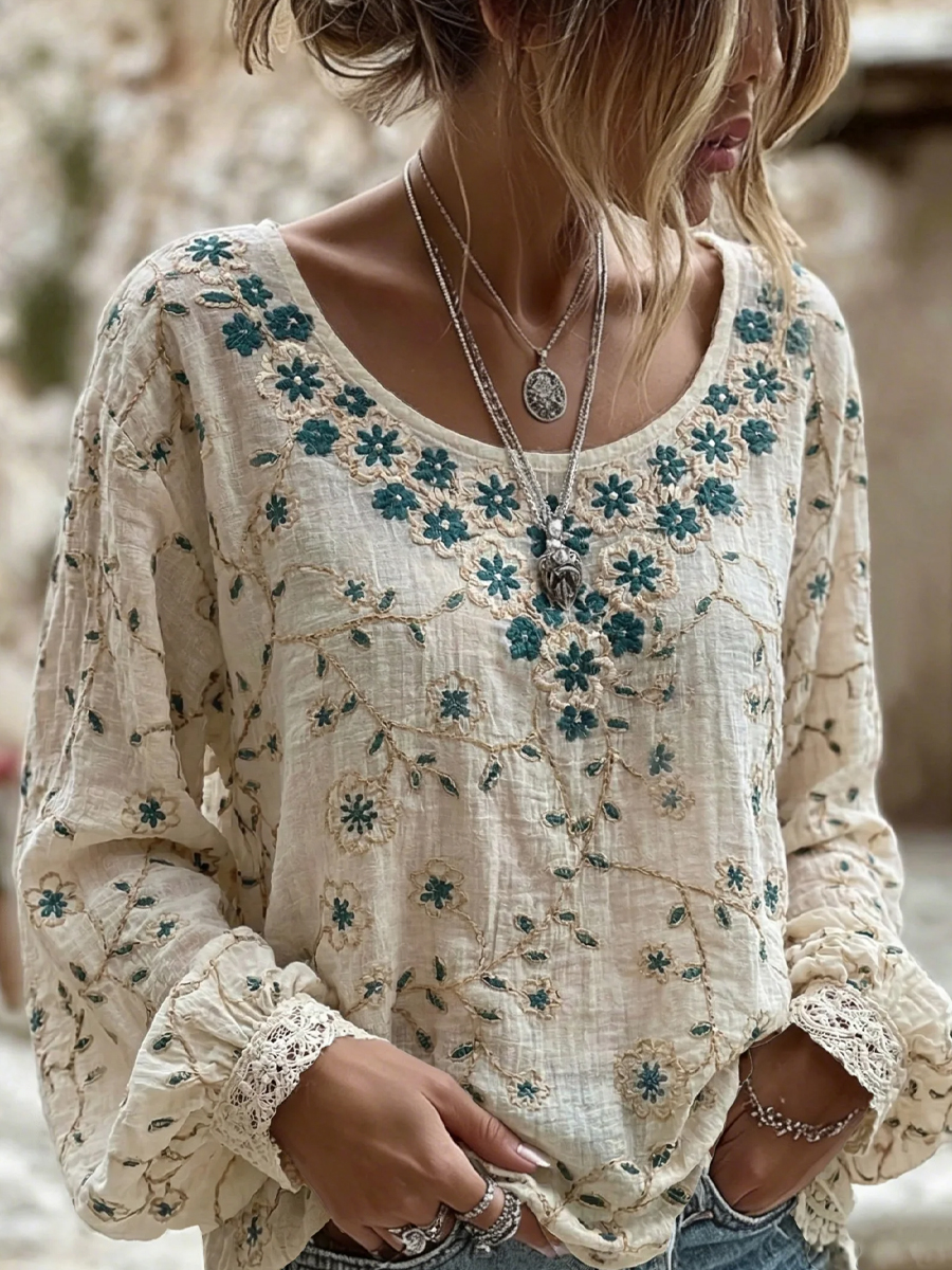 Damen-Top im Vintage-Stil mit floraler Kunstprint-Optik, aus Baumwolle und Leinen, lässig-Mode & Komfort