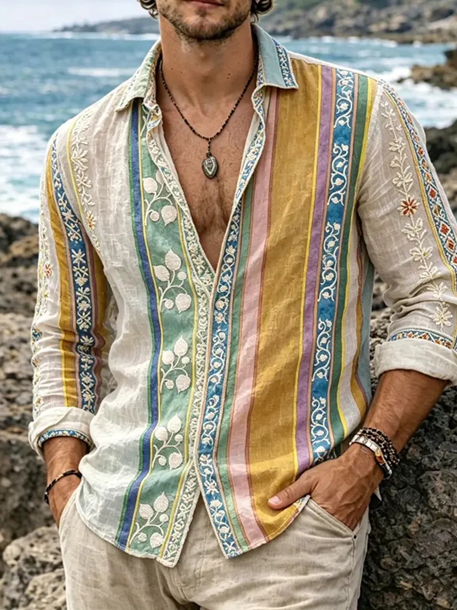Herren-Retro-Shirt mit abstraktem Kunstprint, lässig, aus Baumwolle-Leinen-Mischgewebe-Mode & Komfort