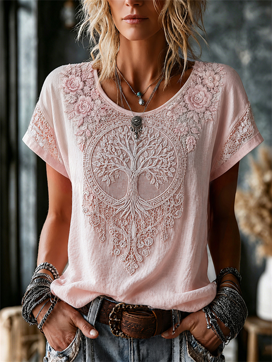Damen-Viking-Blumen-T-Shirt mit Lebensbaum-Motiv und Spitzenprint, aus Leinen, mit kurzen Ärmeln-Mode & Komfort