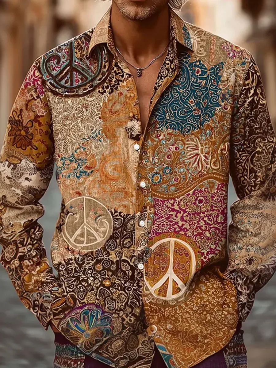 Herren-Retro-Shirt mit abstraktem Kunstprint, lässig, aus Baumwolle-Leinen-Mischgewebe-Mode & Komfort