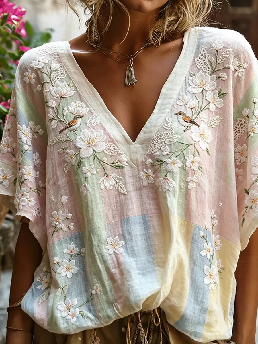 Damen-Top im Vintage-Stil mit floraler Kunstprint-Optik, aus Baumwolle und Leinen, lässig-Mode & Komfort
