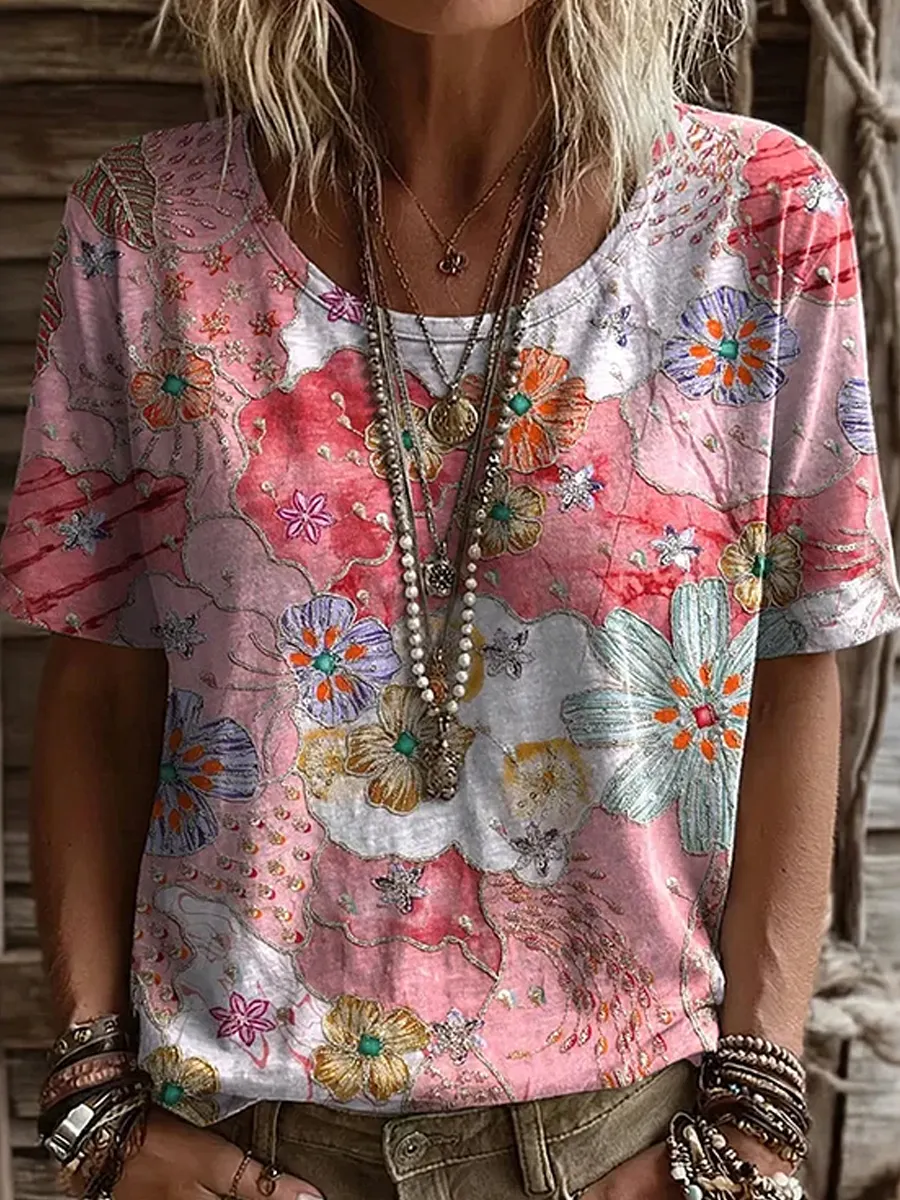 Damen-Comfort-T-Shirt mit vintage Blumenkunstdruck-Mode & Komfort